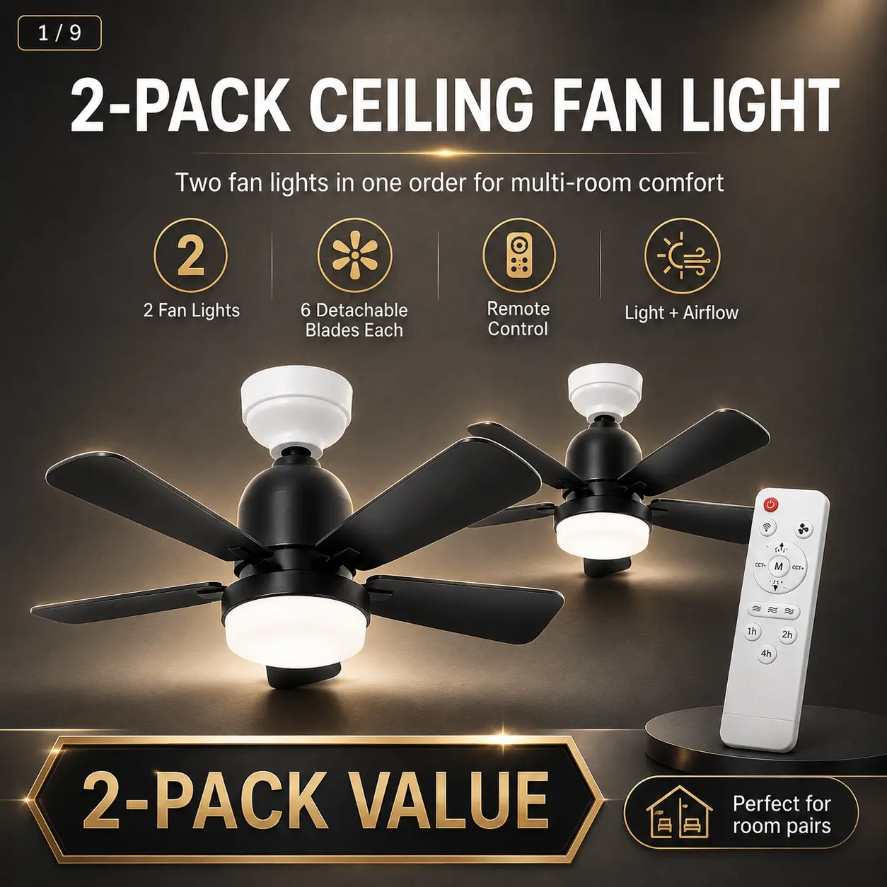 2 Pack 20.5" Ceiling Fans with Lights and Remote, 3 Color Temperatures, Dimmable LED Light, 3 Fan Speeds, 1H/2H/4H Timer, Detachable 6-Blade Ceiling Fans for Bedroom Living Room Kitchen