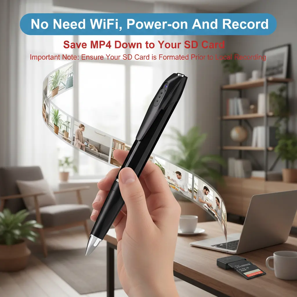 Pen-style 1080P HD, 15cm short focal length, built-in high-capacity battery for extended runtime, WiFi ,SD card storage, mobile app control, personal security protection.