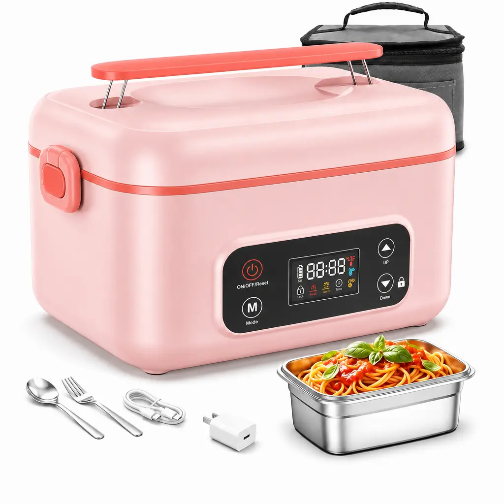 Cordless Stainless Steel Electric Heated Lunch Box for Adults - Compact Rectangular 5.5 Cups, 24000mAh Rechargeable Battery Powered, 100W 360° Heating Food Warmer with Smart Timer for Daily Use