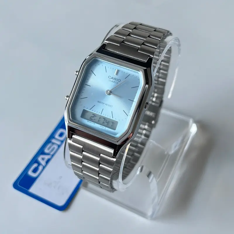 Casio Unisex Vintage Analog-Digital Watch AQ230A Classic Design Water-Resistant 30M Ice Blue Turquoise Blue Stainless Steel Bracelet
