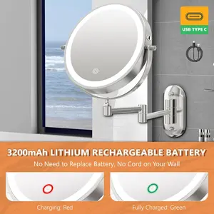 Auxmir 1X/30X Wall Mounted Lighted Makeup Mirror, 8" Rechargeable Double-Sided Magnifying Mirror with Light, Touch Dimmable 3 Color Light, 360° Rotation Foldable Extended Arm, Chrome