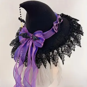 Women's Gothic Witch Hat - Pointed witch hat with adjustable straps, elegant Gothic lace costume accessory, suitable for Halloween, witch parties, cosplay - durable headwear for themed events (black and purple) - perfect for witches, vampires, Gothic fash