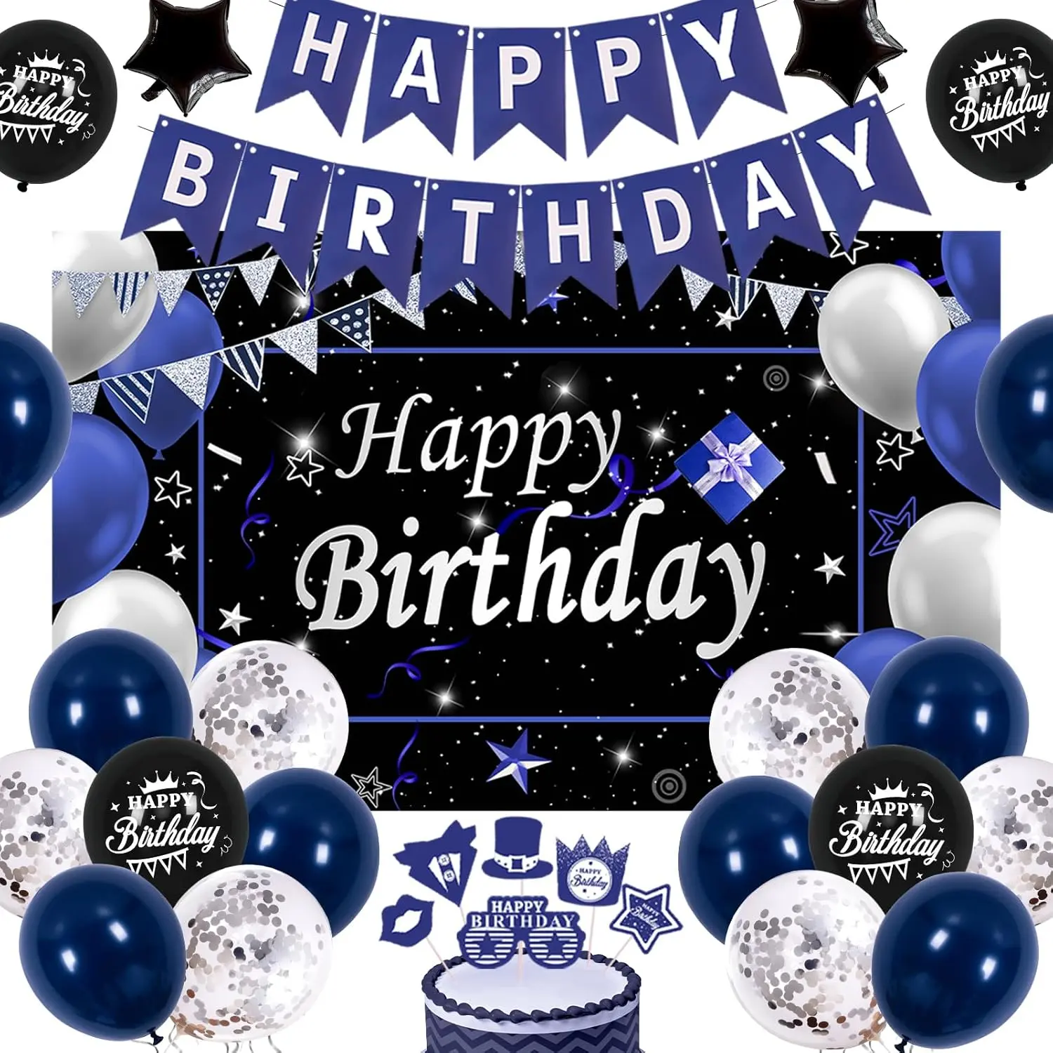 Navy Blue & Silver Sequin 5-Pointed Star Balloon Birthday Decoration Set - Home Supplies with Photo Background, Cake Topper, Ribbon and Glue for 13th,16th,18th,21st,30th Festive Party Supplies
