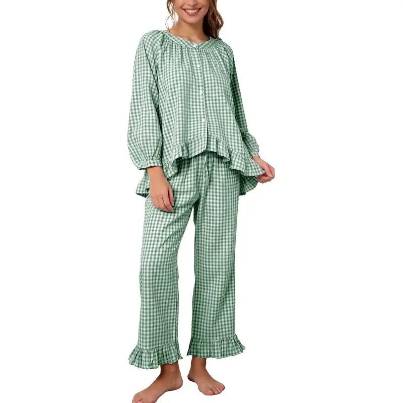 Womens Plaid Pajamas Sets 2 Piece Cotton Pj Set Puff Sleeve Ruffle Babydoll Shirt Gingham Pants Lounge Sets