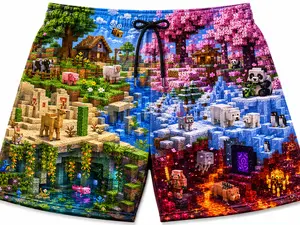 Unisex Blocks World Printed Breathable High Street Men's Summer Mesh Shorts 100% Polyester Quick Dry Elastic Waist Unique Design for Youth Fashion Menswear Casual