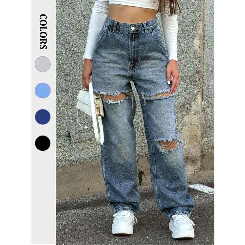 NewWomen's Ripped Denim Jeans, Y2K Casual Fashion Pants for Daily Wear, Ladies Bottoms for All Seasons Can be used with raincoat