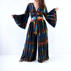 Tie Dye Palazzo Pant with Bell Sleeve Top, Two Piece Outfit, Wide Leg Pants, XS- 3XL, Hippie Boho Top, Summer Beach Pants, Festival Pants