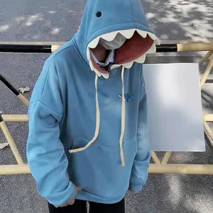 Kawaii Shark Patch Hooded Sweatshirt for Men & Women – Autumn Fun Cartoon Pullover Hoodie, Solid Color, Oversized, Long Sleeve (ClothesHK)