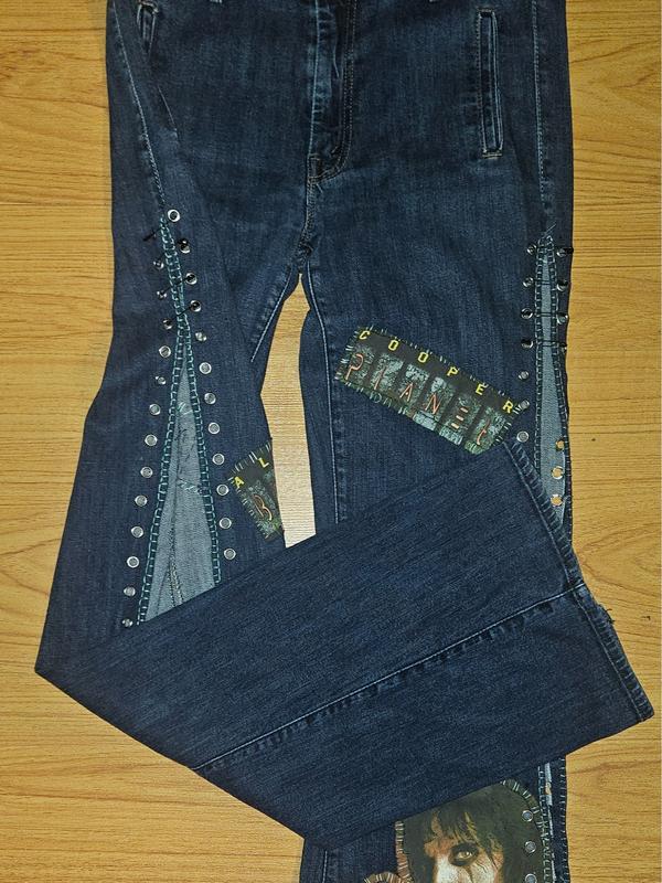Upcycled Alice Cooper Safety Pin Jeans - Womenswear Extra Wide Leg Denim - Sustainable Music Fashion with Iconic Graphic Design All Seasons