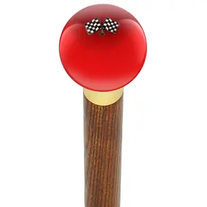 Checkered Racing Flags Red Round Knob Cane w/ Custom Color Ash Shaft & Collar