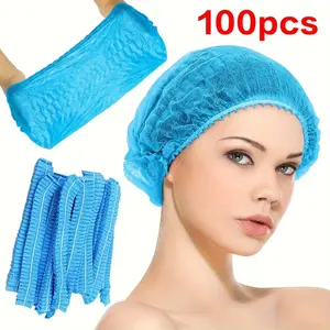 100 Disposable Non-Woven Hair Caps, Breathable Mushroom Style, Dust-Proof Head Covers for Food, Medical, Salon, Catering, Kitchen Work