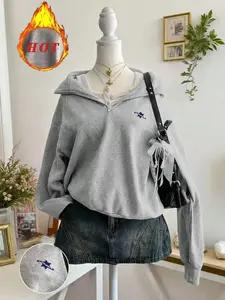 Women's Light Graphic Pullover Sweater, Casual Fitted Half-Zip Sweatshirt, All Seasons Street Style, Vintage Minimalist Design