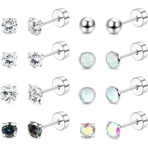 FIBO STEEL 8Pairs 316L Stainless Steel Earrings for Women 20G Flat Back Stud Earrings for Sensitive Ears Tiny CZ Opal Moonstone Ball Heart Helix Hypoallergenic Cartilage Piercing Jewelry