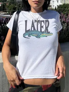 Women's Alligator & Letter Print Round Neck Tee, Vintage Trendy Casual Short Sleeve Cropped T-shirt for Daily Wear, Ladies Summer Outfit