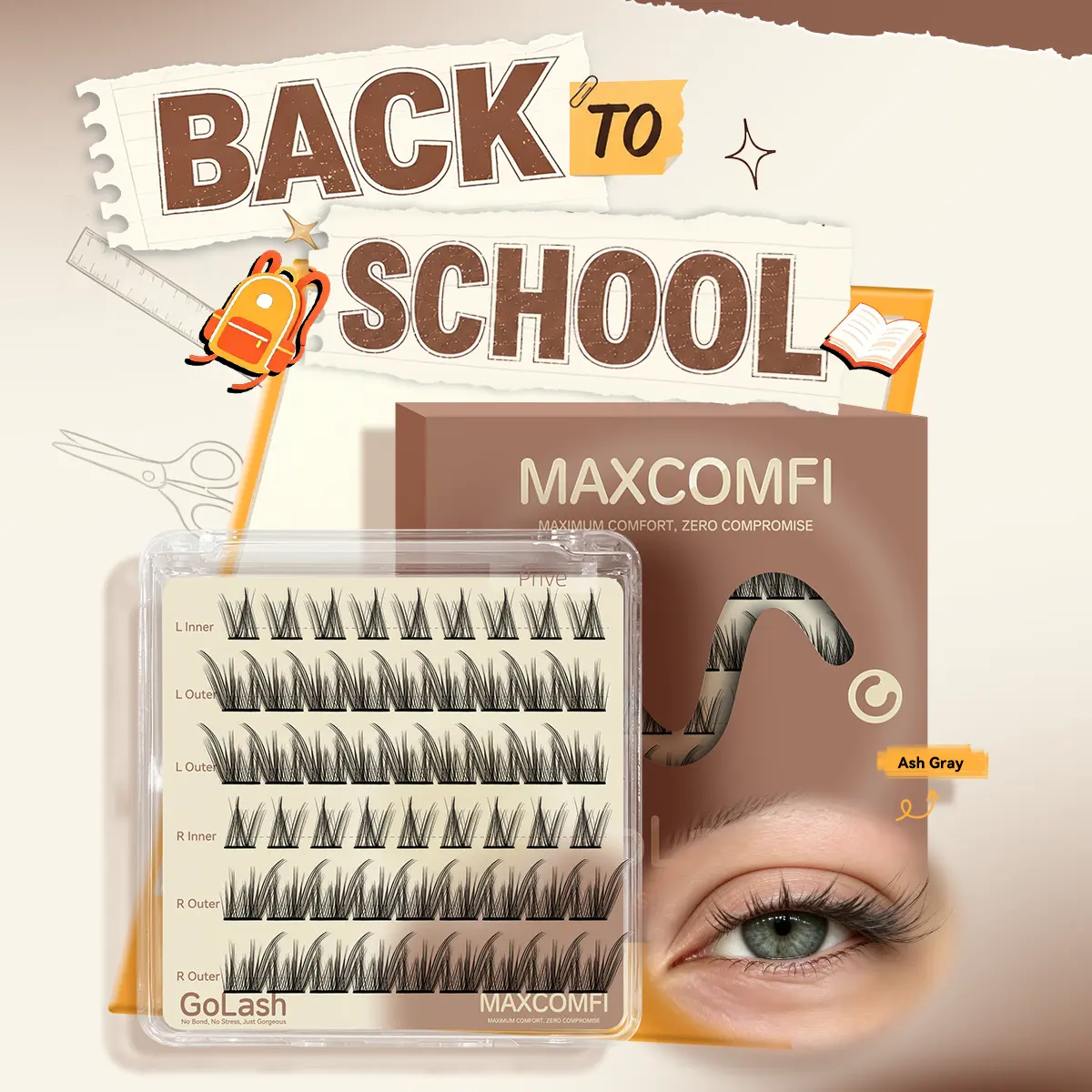 Maxcomfi Ash Gray Privé No Glue Lash | Winged Manga Individual Lashes Left & Right Split Design, Pre-Mapped Split Left & Right Eye Eyelashes, Reusable Self-Adhesive False Lashes For Teen & Young Girls Daily Makeup