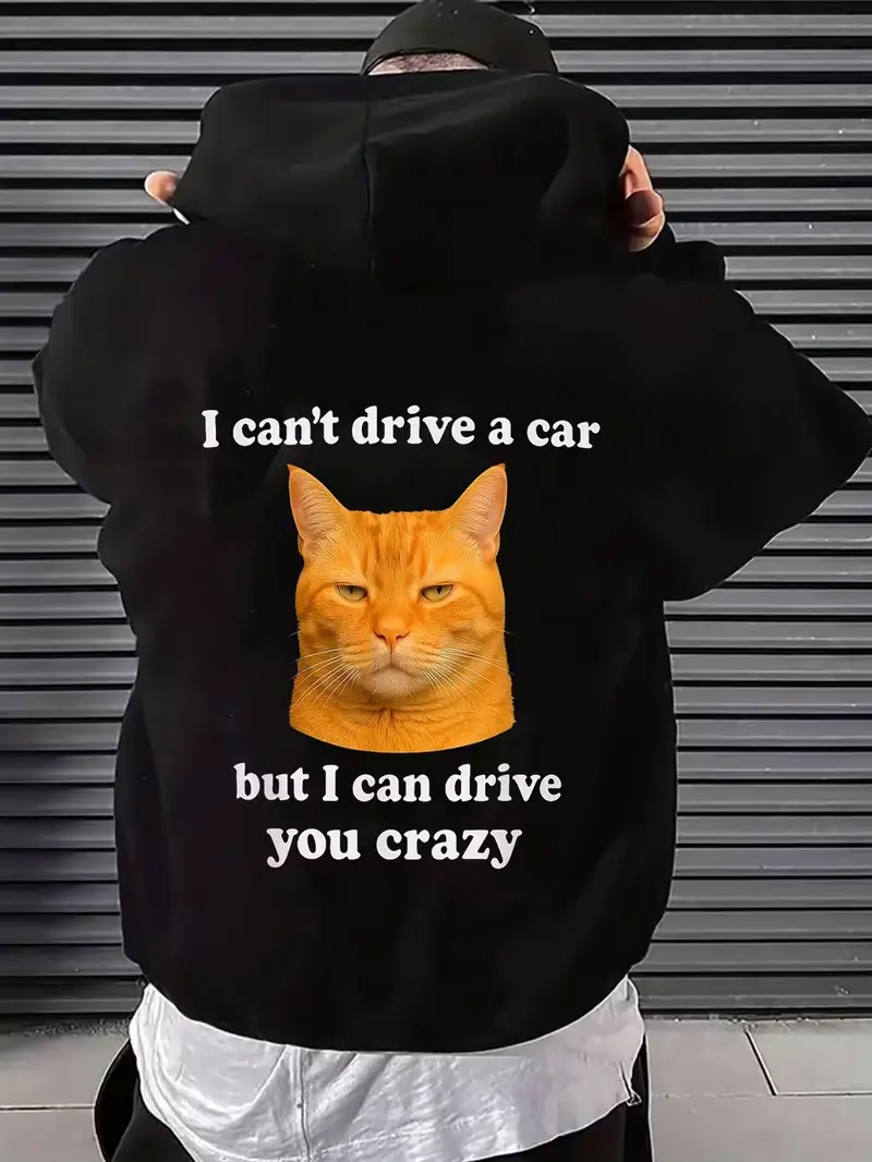 I Can't Drive A Car But I Can Drive You Crazy Orange Cat Back Print Fleece Pullover Hoodie, Funny Meme Pet Lover Long Sleeve Sweatshirt For All Seasons