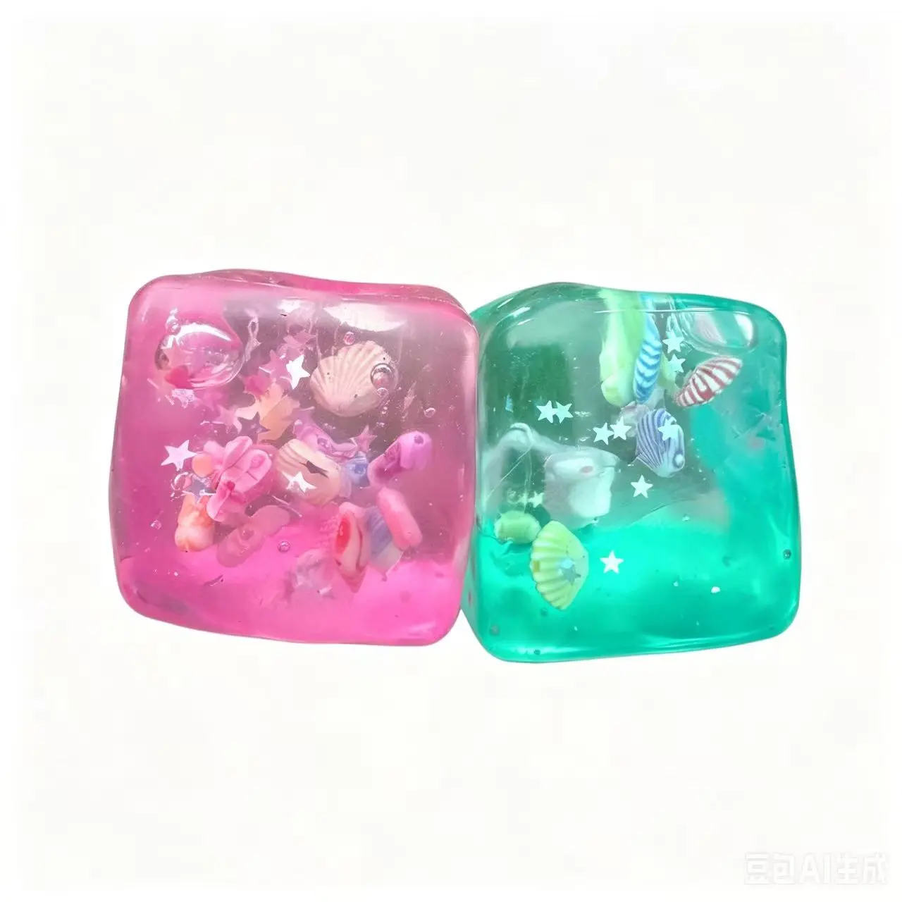 Unisex 2-Pack 3D Realistic Ocean Theme Cube Shape Squishy, Solid Slow Rebound with Seashell Toys Inside, Soft Sensory Stress Relief Fidget Item for Teens+, Perfect Kids Classroom Gift