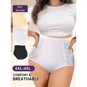 QUASTI 3PCS Plus Size High-Waisted Lace Women's Underwear, Seamless Breathable Soft Stretch Panties, Smooth Solid Color Anti-Roll Edge Briefs, Elegant Comfortable Feminine Lingerie for Everyday Wear, S-XXL