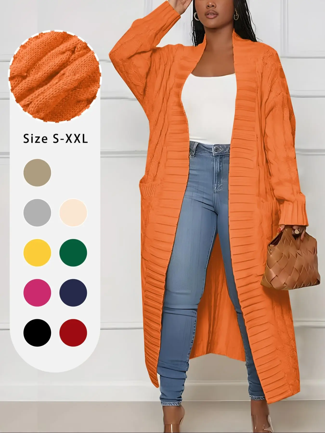 Women's Solid Textured Dual Pocket Drop Shoulder Open Front Cardigan, Cardigan for Women, Chic Womenswear, Casual Long Sleeve Midi Cardigan, Coats fo