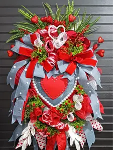Denim & Pearl Heart Wreath - 24x27x7 Inch Decorative Mesh Wreath with Pearled Denim Red Velvet Ribbons & Glittering Heart Accents for Valentine's Day