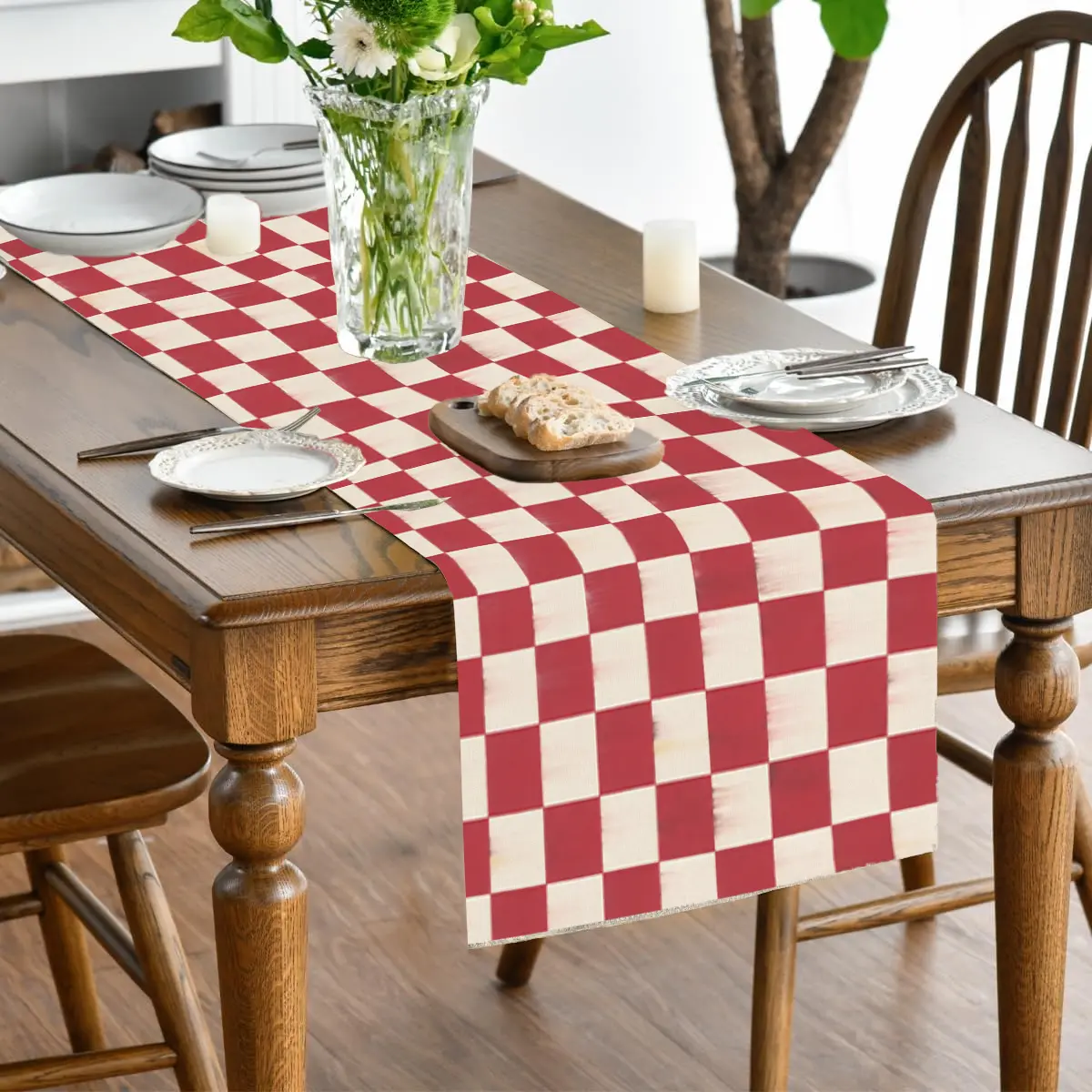 Mackenzie Childs Cherry Check Table Runner, Seasonal Fall Washable Kitchen Dining Table Decoration for Home Party Decor