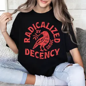 Women's Fashion Casual Pattern Short-Sleeve T-Shirt - Features a 'RADICALIZED DECENCY' small bird print on the front, black cotton crew neck T-shirt, machine washable, breathable with slight stretch