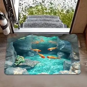 3D Underwater Koi Pond Flannel Door Mat – Clear Aqua & Golden Fish Design, Serene Zen Vibe, Non-Slip Indoor/Outdoor Bathroom Drying Doormat for Aquatic Lovers