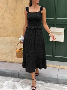 Polka Dot Two-Piece Set, Chic Elegant Fitted Top with Ruffled Sleeves, Layered Ruffle Skirt, French Vacation Style Women's