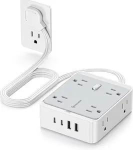 Flat Power Strip, 12-in-1 Flat Outlet Extender with 5Ft Extension Cord, Power Strip Flat Plug with 8 AC Outlets 2 USB-A and 2 USB-C, Flat Wall Extension Cord for Desktop Home Office Dorm Room