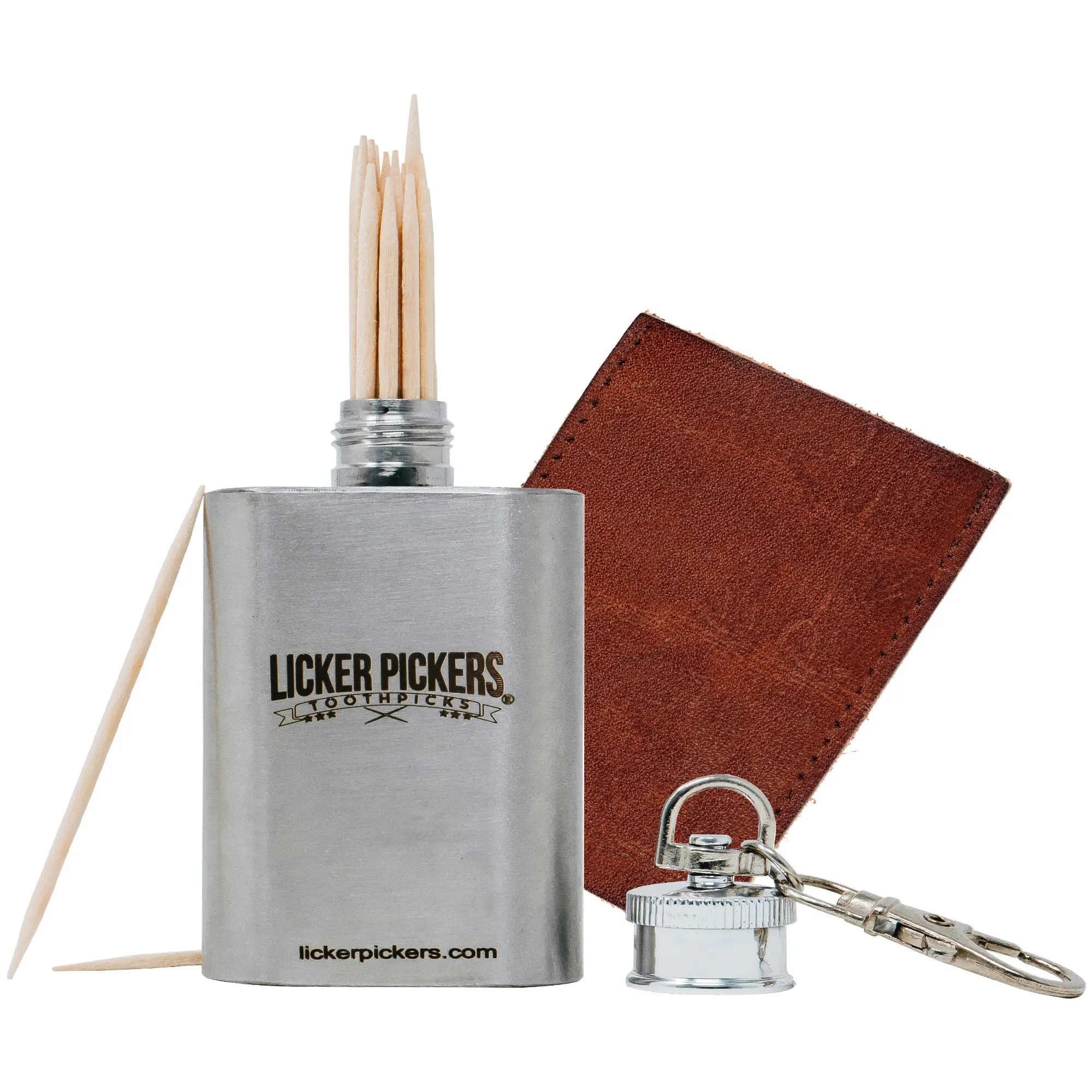 Licker Picker Toothpicks Leather Whiskey Flavored All White Birchwood Toothpicks-25 Liquor-Infused Picks with Bonus 2oz stainless steel Flask