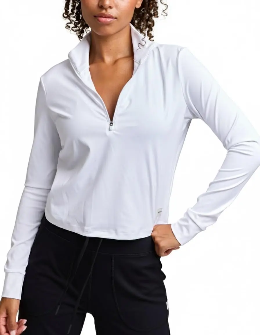Women's Cropped Half-Zip Long-Sleeve High-Neck Collared Athletic Workout Wear Sweatshirt