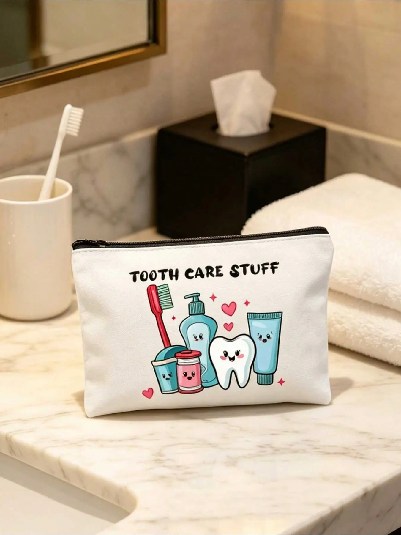 Fun Dental Care Cosmetic Bag - "Dental Care Products" Makeup Bag, Cute Cartoon Tooth Care Stuff Makeup Bag, Portable Travel Toiletry Pouch With Zipper, Cosmetic Bag For Dental Hygiene Products, Funny Oral Care Organizer Pouch For Women Men