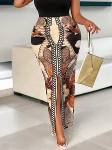 Plus Size Elegant Chic High Waist Fitted Printed Split Maxi Skirt for Women, All Season Casual Dress, Perfect for Christmas and Valentine's Dates