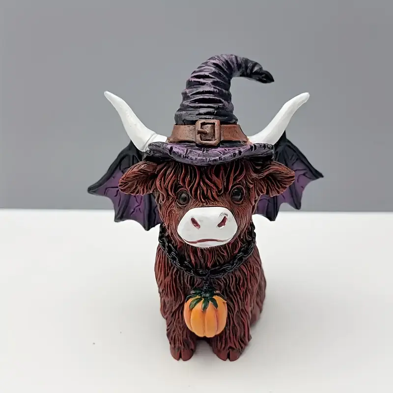 Handmade Resin Highland Cow with Magic Hat & Wings Statue - Halloween Decor, Indoor/Outdoor Use, No Electricity Needed, Perfect Gift for Halloween & Autumn Celebrations, Cow Decor, Indoor Outdoor Decoration, Whimsical Design, Detailed Craftsmanship