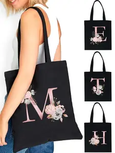 Fashion Letter Pattern Canvas Shoulder Bag, Large Capacity Monogram Canvas Tote Bag for Women, Commuting Carrying Bag, College Student Outfit Book Shoulder Bags, Folding Eco-friendly Shopping Bag