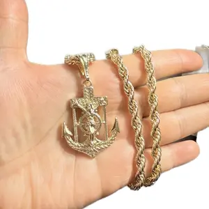 Anchor with Christ On The Cross Rope 6MM  Chain Gold Plated 24 Inch Oro Laminado Necklace Tricolor-Jesus Es Mi Ancla Modern Versatile Accessories Necklinphalt