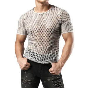 JOGAL Men's Mesh Fishnet Fitted Short Sleeve Muscle Top