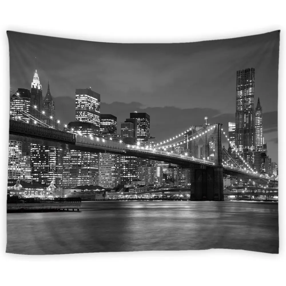 BCNEW New York City Night View Tapestry Black and White Brooklyn Bridge Manhattan Skyscrapers Wall Hanging Tapestries Polyester Fabric Wall Decor for Bedroom Dorm College Living Room summerwins
