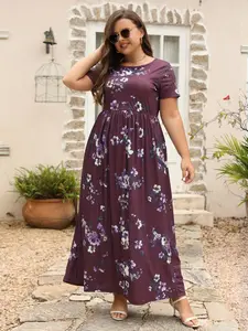Plus Size Floral Print Pocket Round Neck Dress, Summer Clothes Women, Plus Women's Short Sleeve Crew Neck Long Dress for Summer, Women Plus Clothing for Beach Holiday
