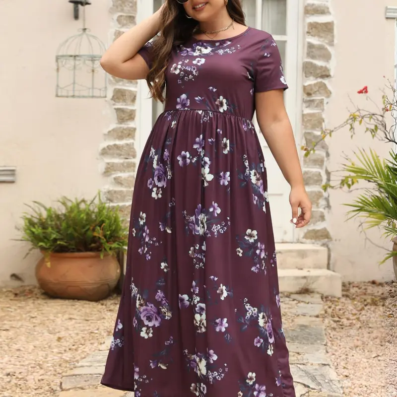 Plus Size Soft Floral Print Pocket Round Neck Casual Boho Bohemian Dress, Summer Clothes Women, Plus Women's Short Sleeve Crew Neck Long Fitted Dress for Summer, Women Plus Clothing for Beach Holiday, 1 Piece, Casual Wear