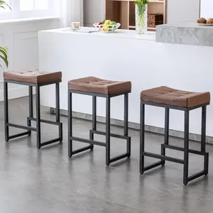 Bar Stools Set of 3, 24" Counter Height Bar Stools, Faux Leather Barstools for Kitchen Island, Backless Saddle Stools with Metal Legs (Dark Brown, 3PCS 24" Counter Stools)