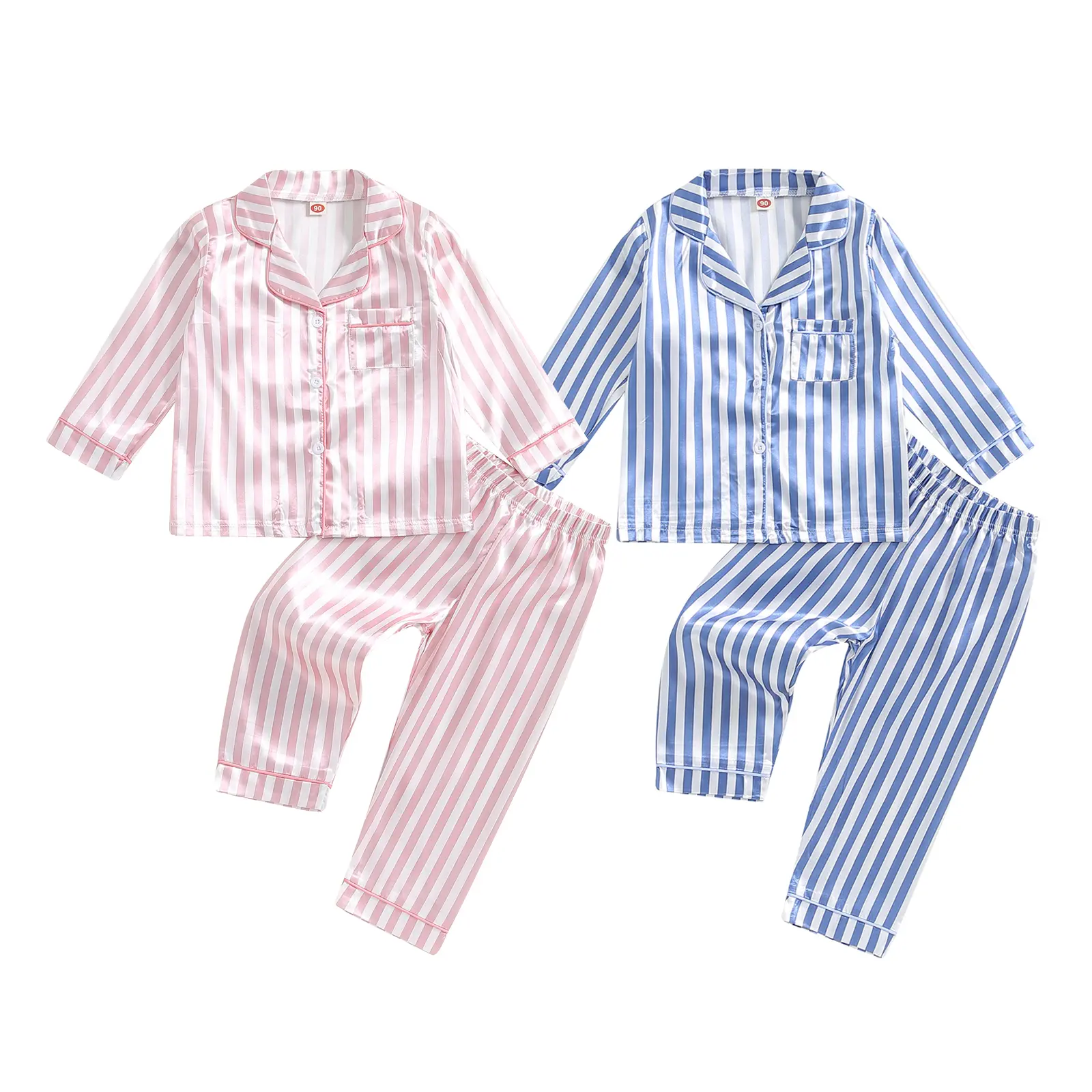 Baby Girl Boy Silk Satin Two Piece Pajamas Set Striped Long Sleeve Button Down Sleep Shirt Tops Lounge Pants Pjs Kids Sleepwear #Springtok
