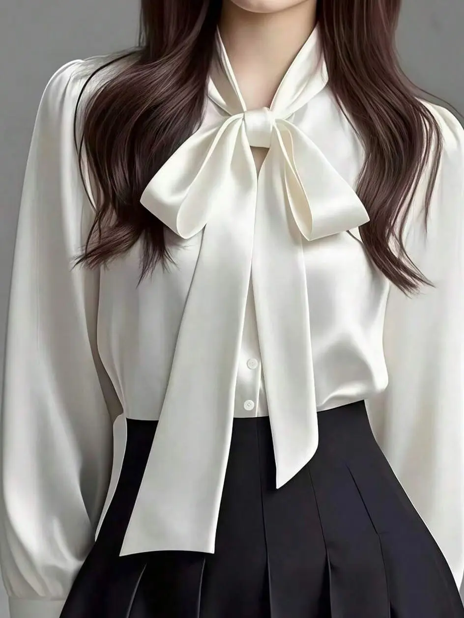 Women's Elegant Satin White Long Sleeve Casual Shirt, Versatile Commuter Chic Blouse With Bow Neck Detail, Solid Color Black
