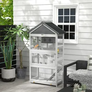 Wooden Bird Aviary - 67" Outdoor Bird Cage with Slide-Out Tray, 3 Doors, Birdhouse, Ladder, Perches for Finches, Parakeets