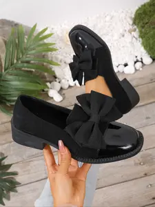 Women's Spring Square Toe Patchwork Bow Formal Shoes, British Style Fashion Leather Loafers, Wide Fit Low Top Non-Slip Sole
