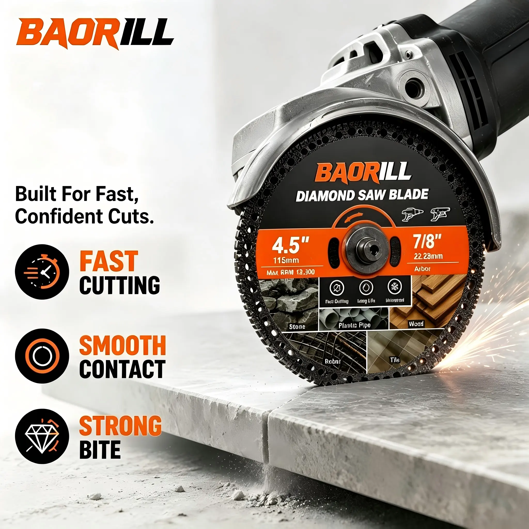 BAORILL TurboEdge 4.5" Diamond Blade with Diamond Segments for Angle Grinder, 7/8" Arbor, 13300 RPM, Low Vibration Durable Design, PVC Compatible Stone Cutting Multi-Material Disc for Smooth Precise Cuts