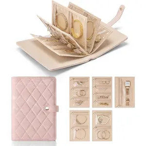 Quilted Jewelry Organizer Book - Foldable Travel Binder with Clear Zipper Pouches, Waterproof Portable Holder for Rings, Earrings, Necklaces