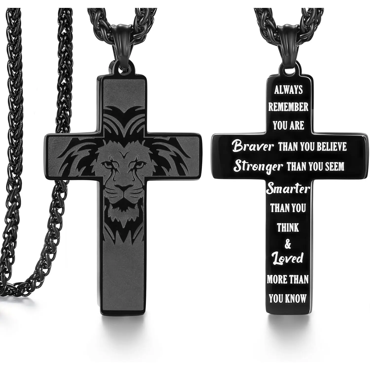 Strength and Faith Gifts for Him-Masculine Cross Necklace-Bold Lion Head and Cross Design-Inspiring Message Engraved (18-24 inches)