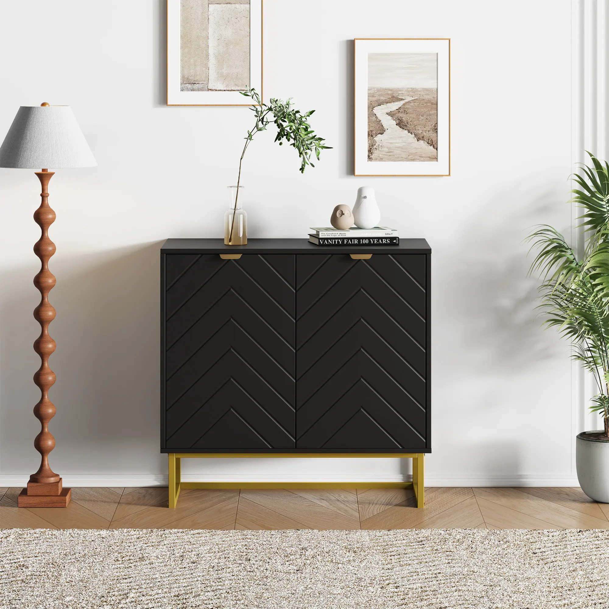 Gaomon Modern Home Furniture Engineered Wood Dining Buffet Sideboard - 2-Door Gold Credenza Console Cabinet with Shelf, Assembly Required, Easy-to-Follow Instructions for Space Organizing