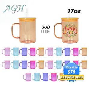 USA 25pcs 17oz Jelly coloring sublimation Glass Coffee Mug Glass tumbler with Handle and lid straw, Glassware for UV DTF Wraps Sublimation